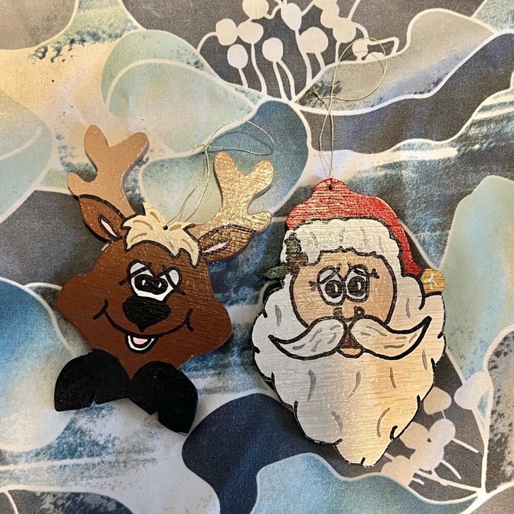 Set of 2  Reindeer and Santa wooden hanging ornaments